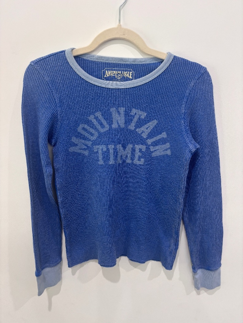 American Eagle Mountain Time Thermal Shirt Small Blue Waffle Knit Long Sleeve